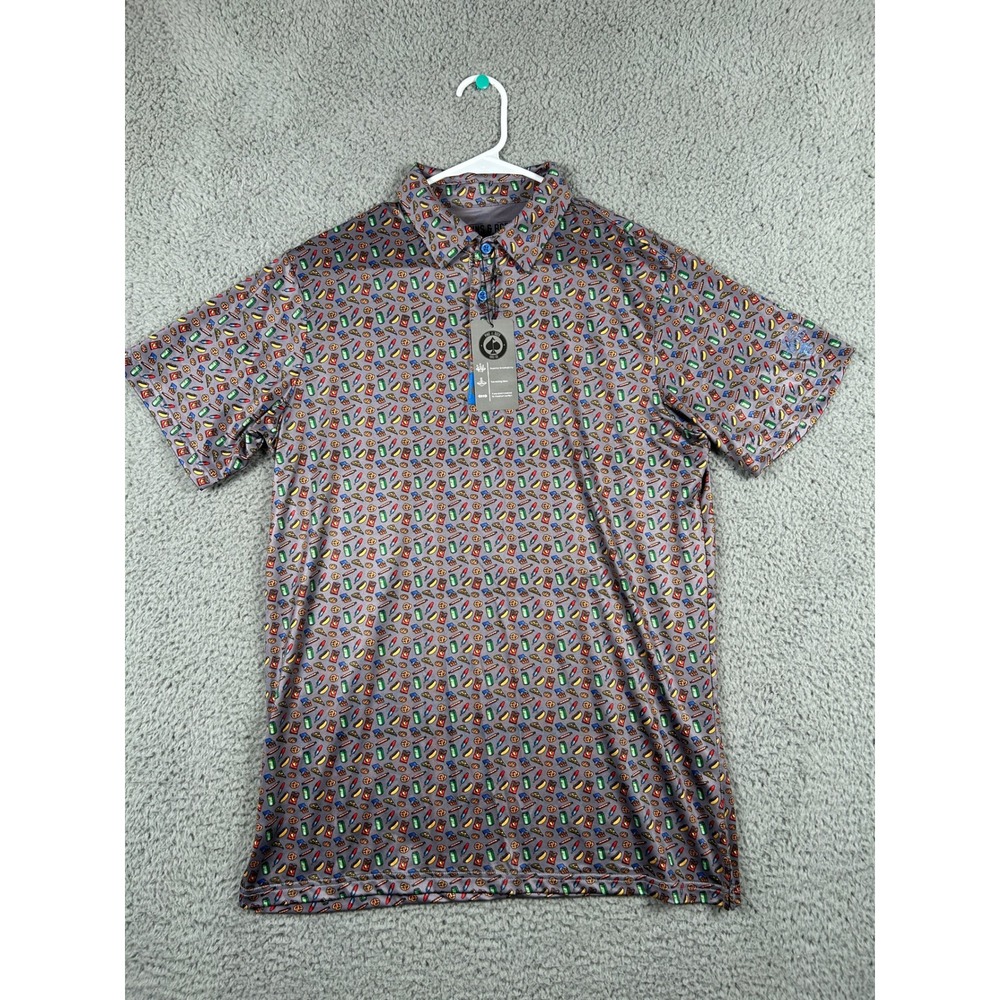 Pins & Aces Mens Performance Golf Polo Shirt Medium M All Over Print NWT